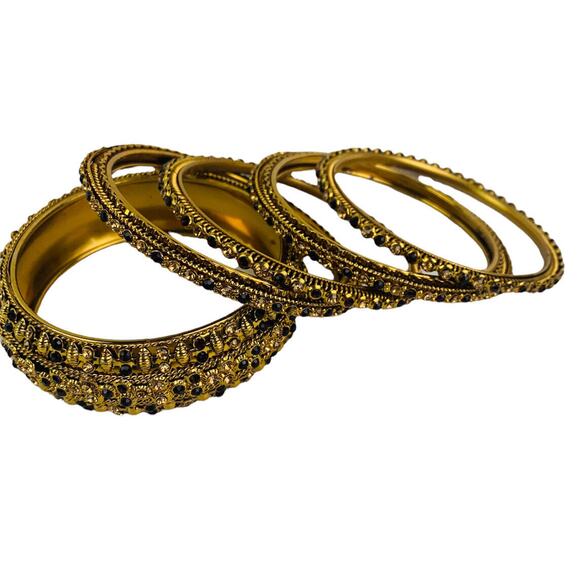 Set of 5 New Goldtone Ornate Shiny Bangle Bracelets Pink Purple Embellished - Picture 1 of 9
